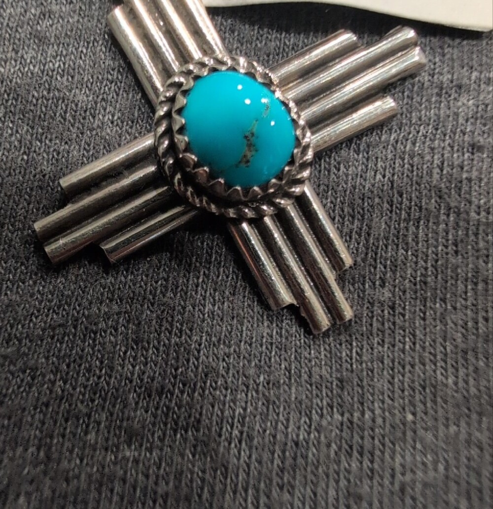Kingman Turquoise Sterling Silver Zia Pendant - By David Morris - Picture 4 of 6